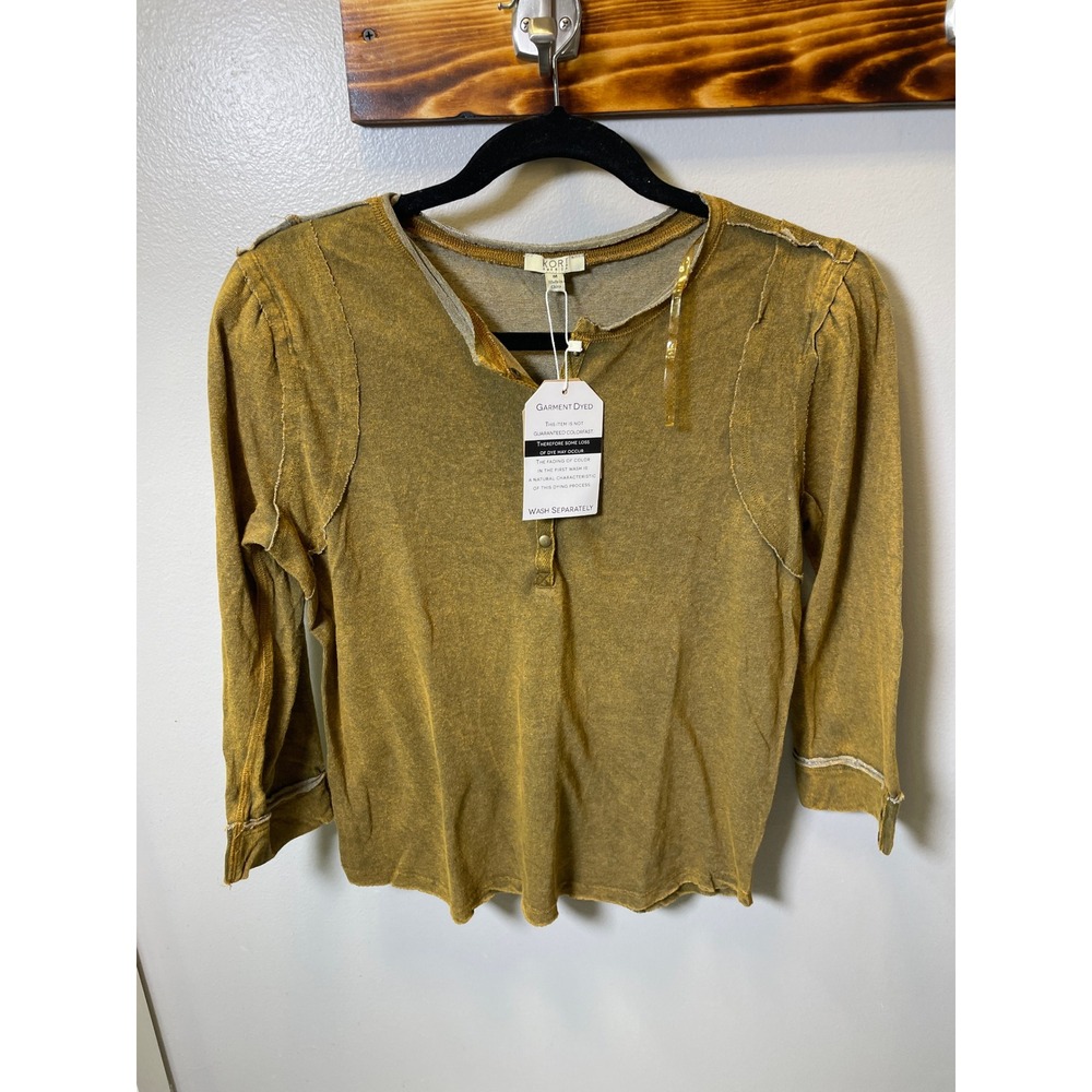 Kori America Mustard Yellow Garment Dyed Henley Top Exposed Seams Puff Sleeve M